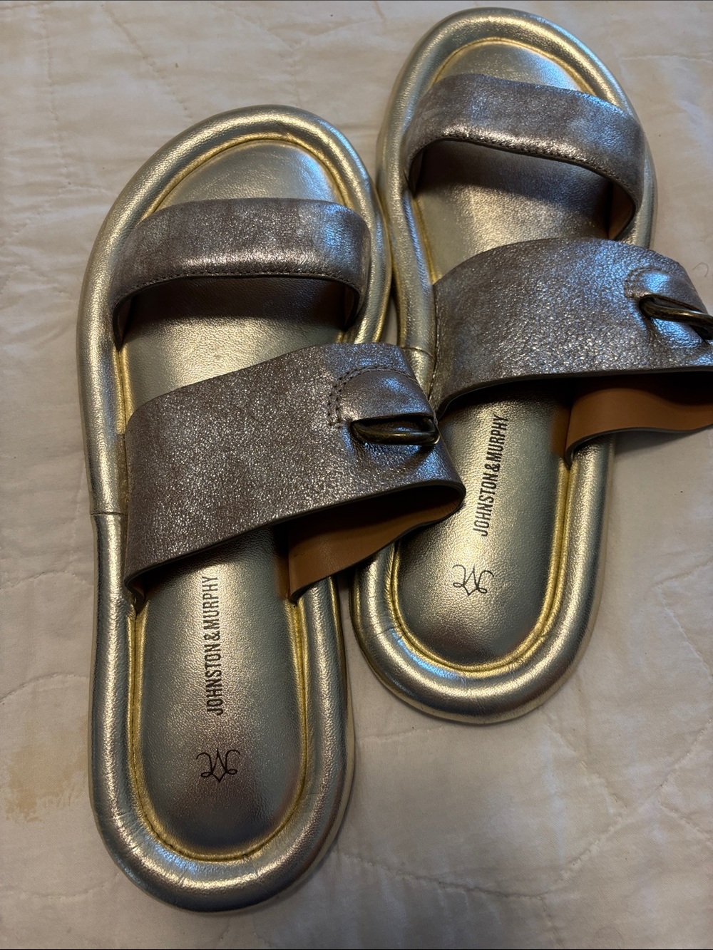 Johnston & Murphy gold Metallic Slide Sandals with Buckle Accent
